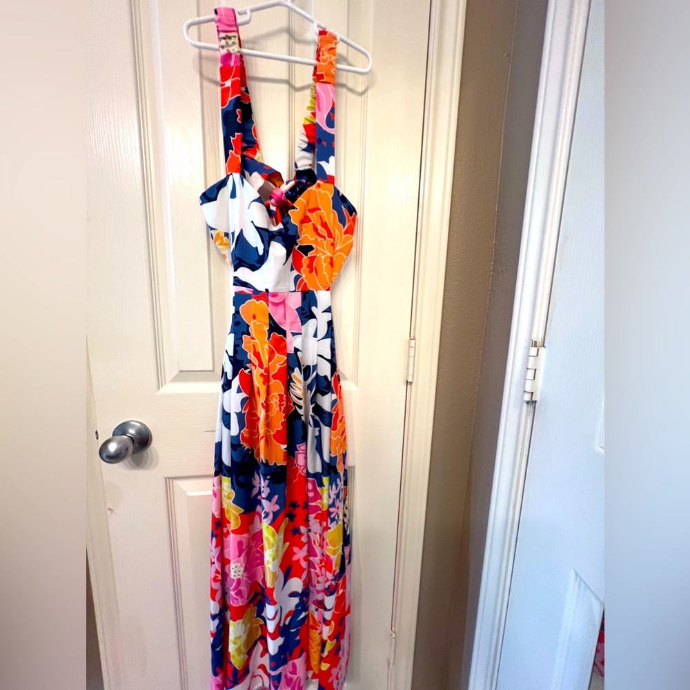 Colorful Sunday Up size medium floral midi dress, ties in back
